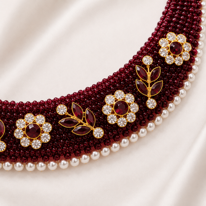 Chatai Necklace maroon floral /  Gold  Polish