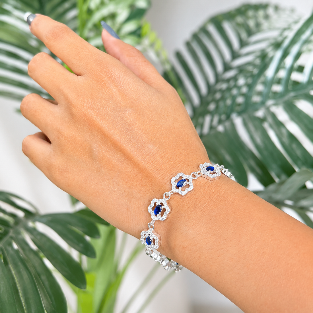 Luxury Silver Blue Sapphire Floral Bracelet for Women