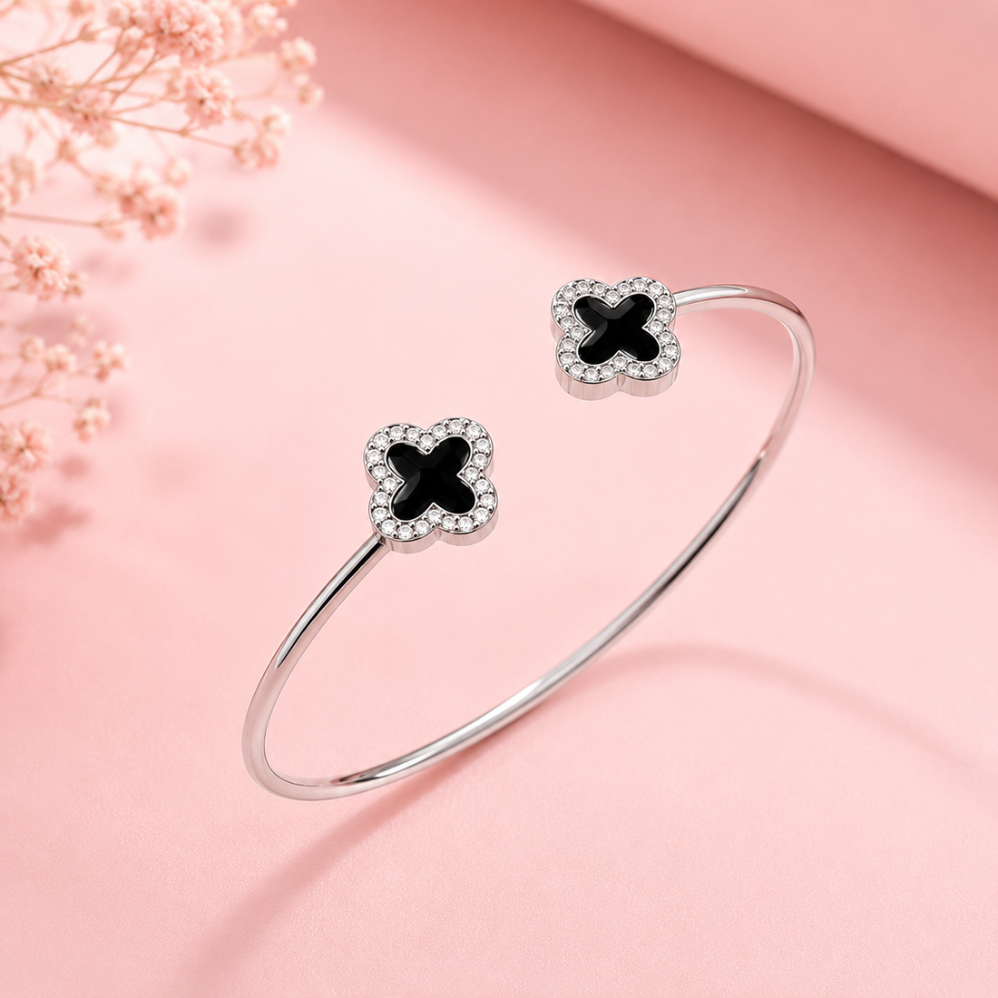 Black Clover Silver Open Cuff Bracelet for Women