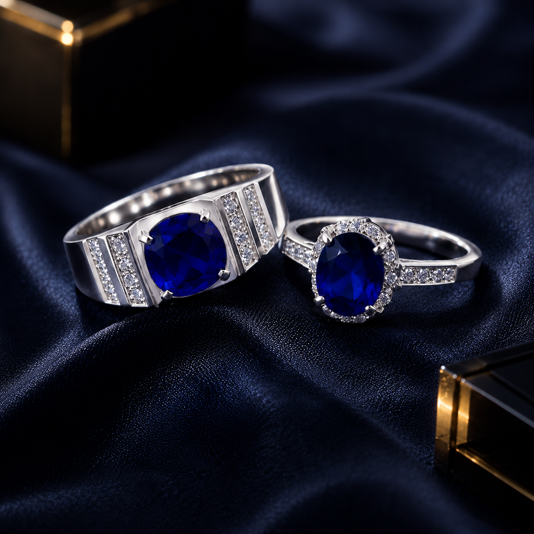 Royal Blue Couple Ring Set – Elegant Silver Design