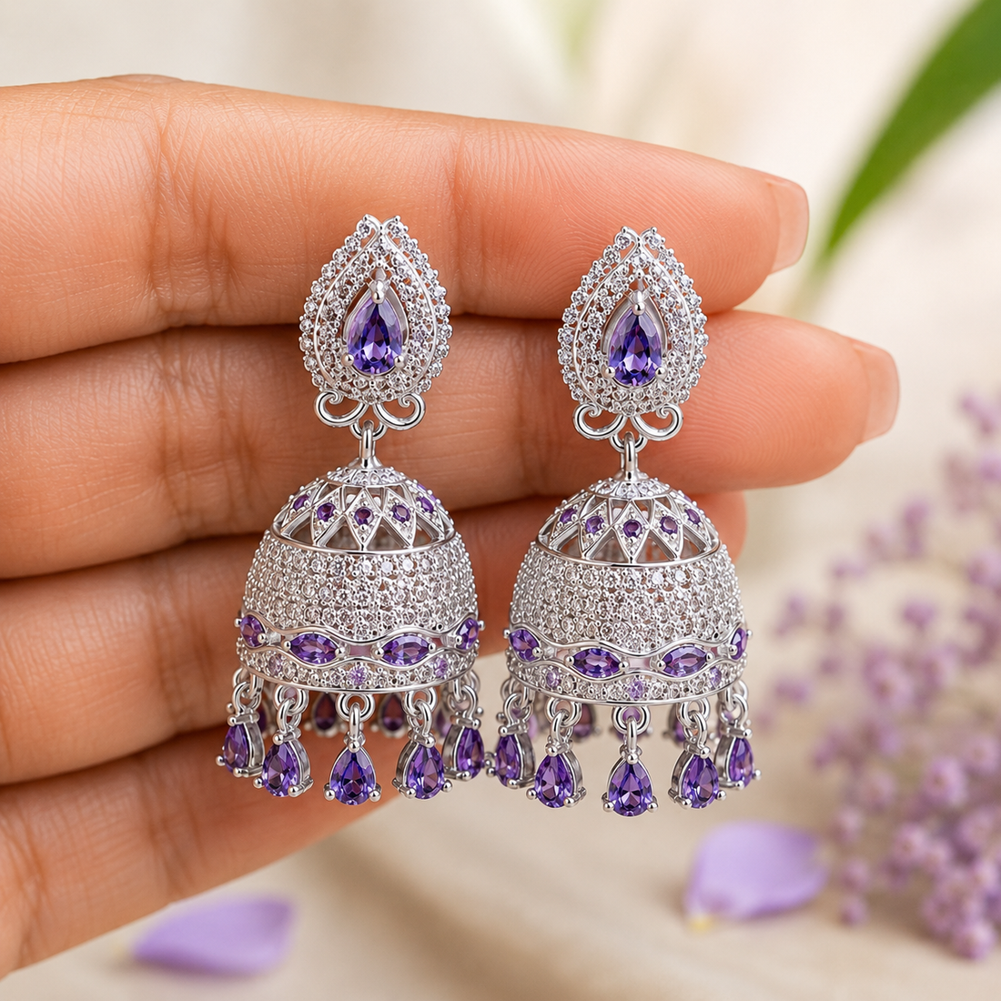 Luxury Silver Jhumka Earrings with Purple Stone Detailing