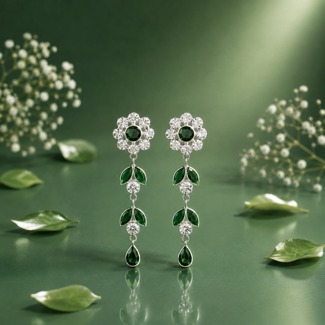 Elegant Emerald Green Floral Drop Earrings in Silver Finish