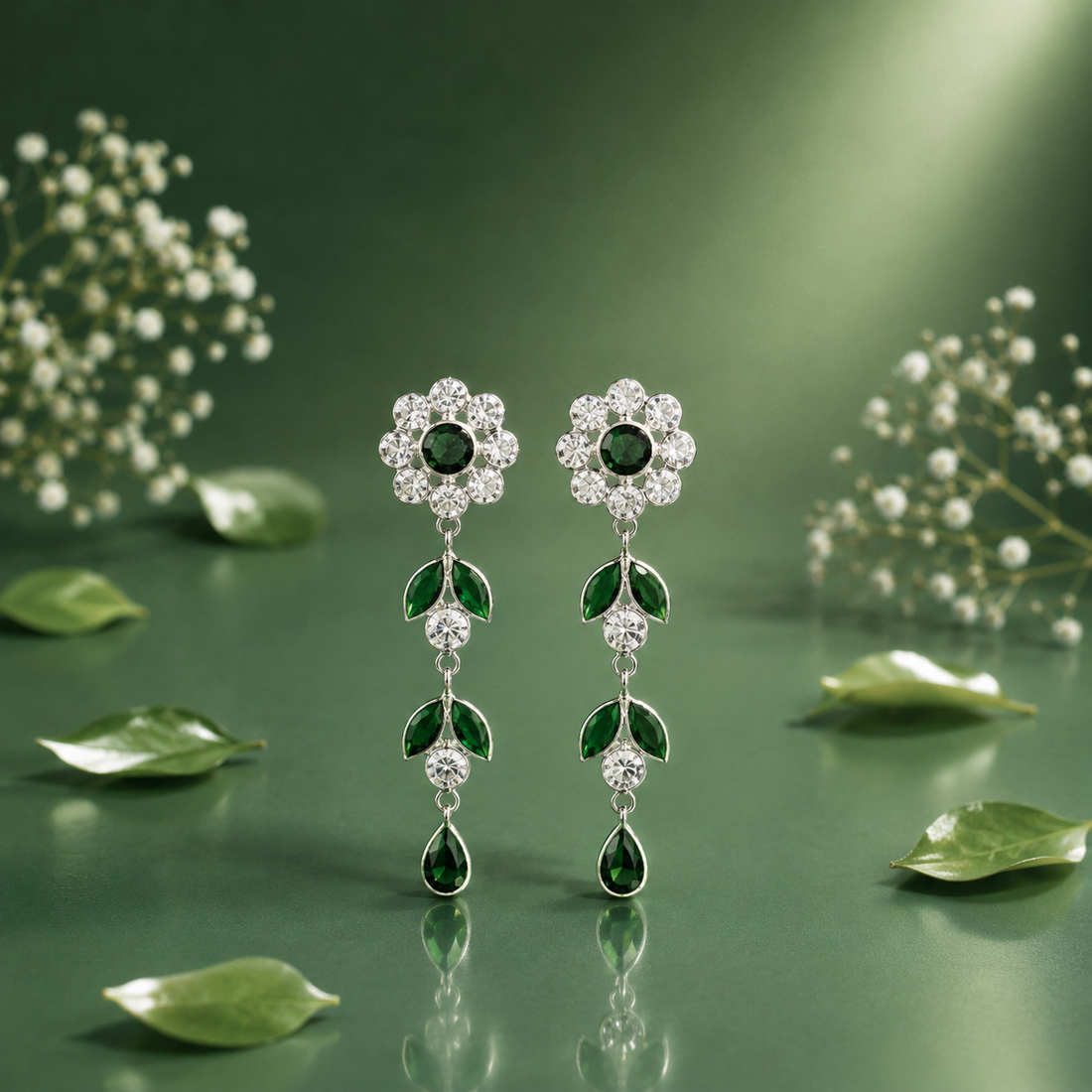 Elegant Emerald Green Floral Drop Earrings in Silver Finish