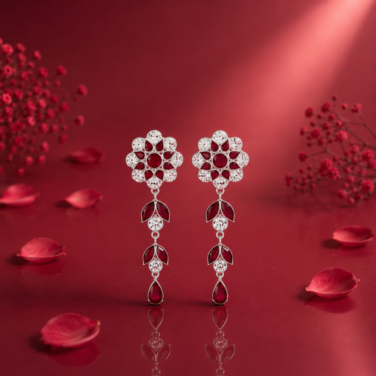 Elegant Ruby Red Floral Drop Earrings in Silver Finish
