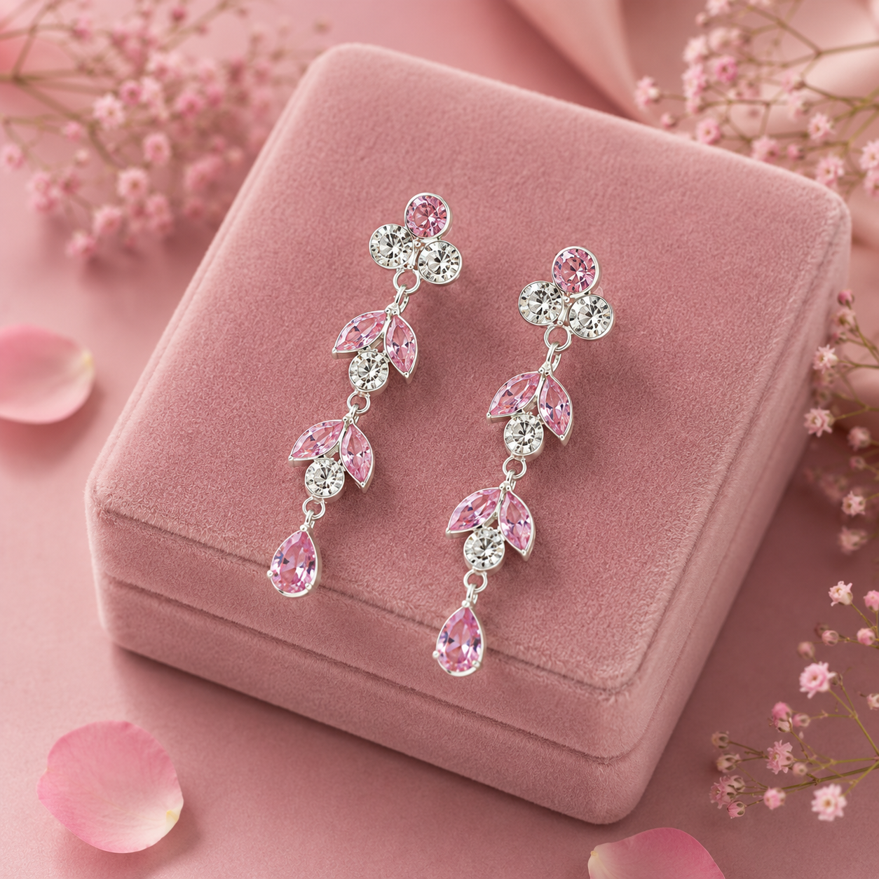 Elegant Pink Crystal Drop Earrings in Silver Finish