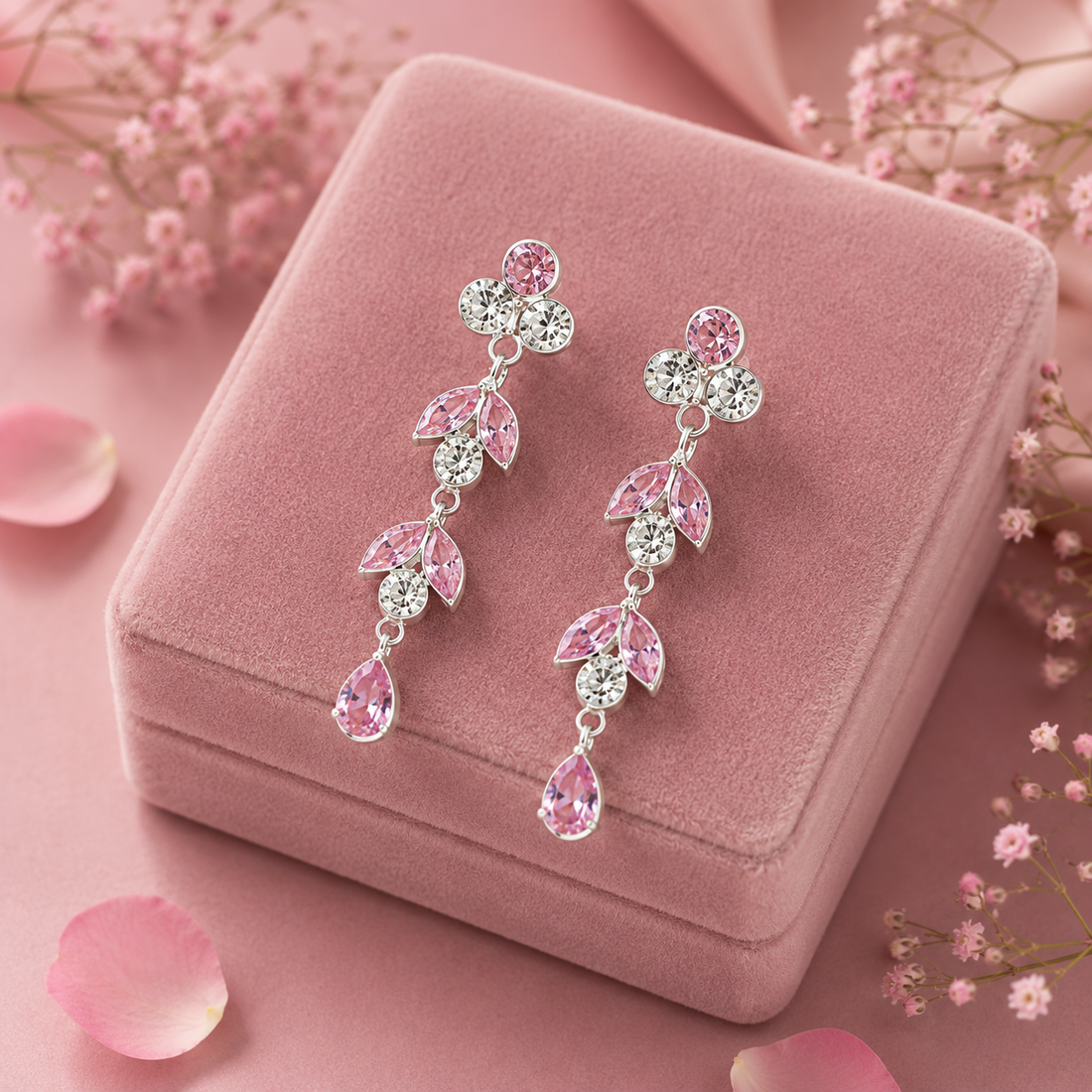 Elegant Pink Crystal Drop Earrings in Silver Finish