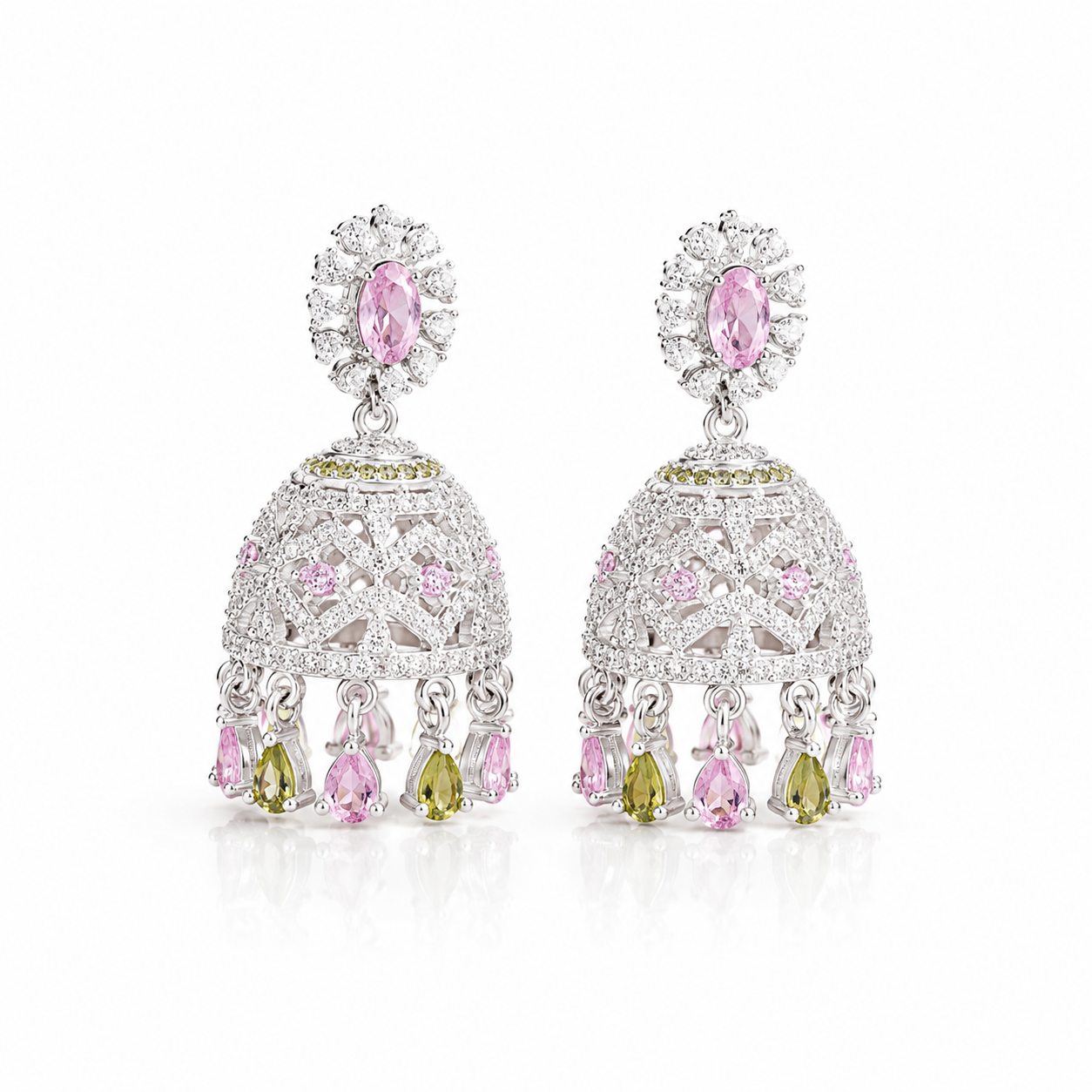 Elegant Silver Floral Jhumka Earrings with Pink Stone Accents