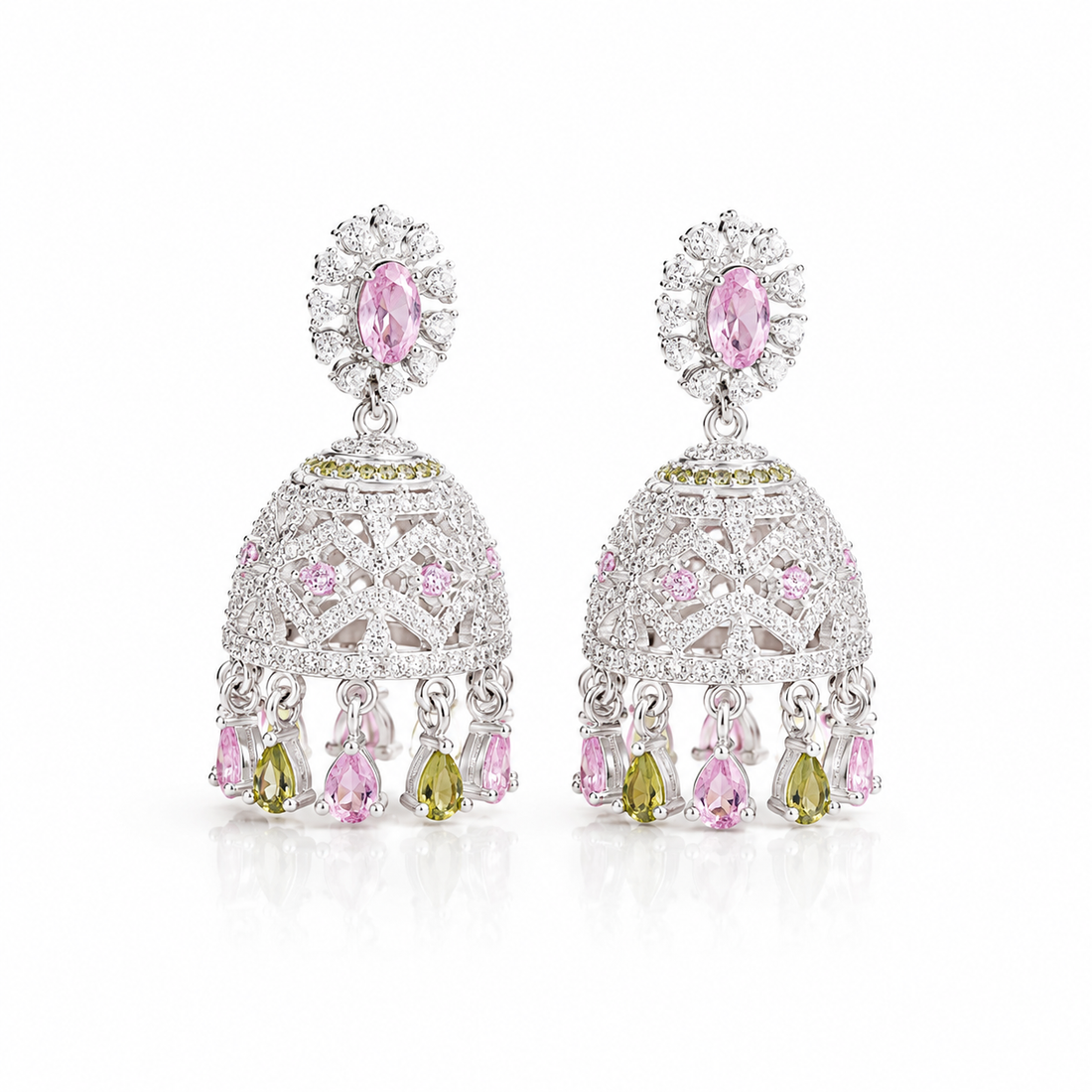 Elegant Silver Floral Jhumka Earrings with Pink Stone Accents
