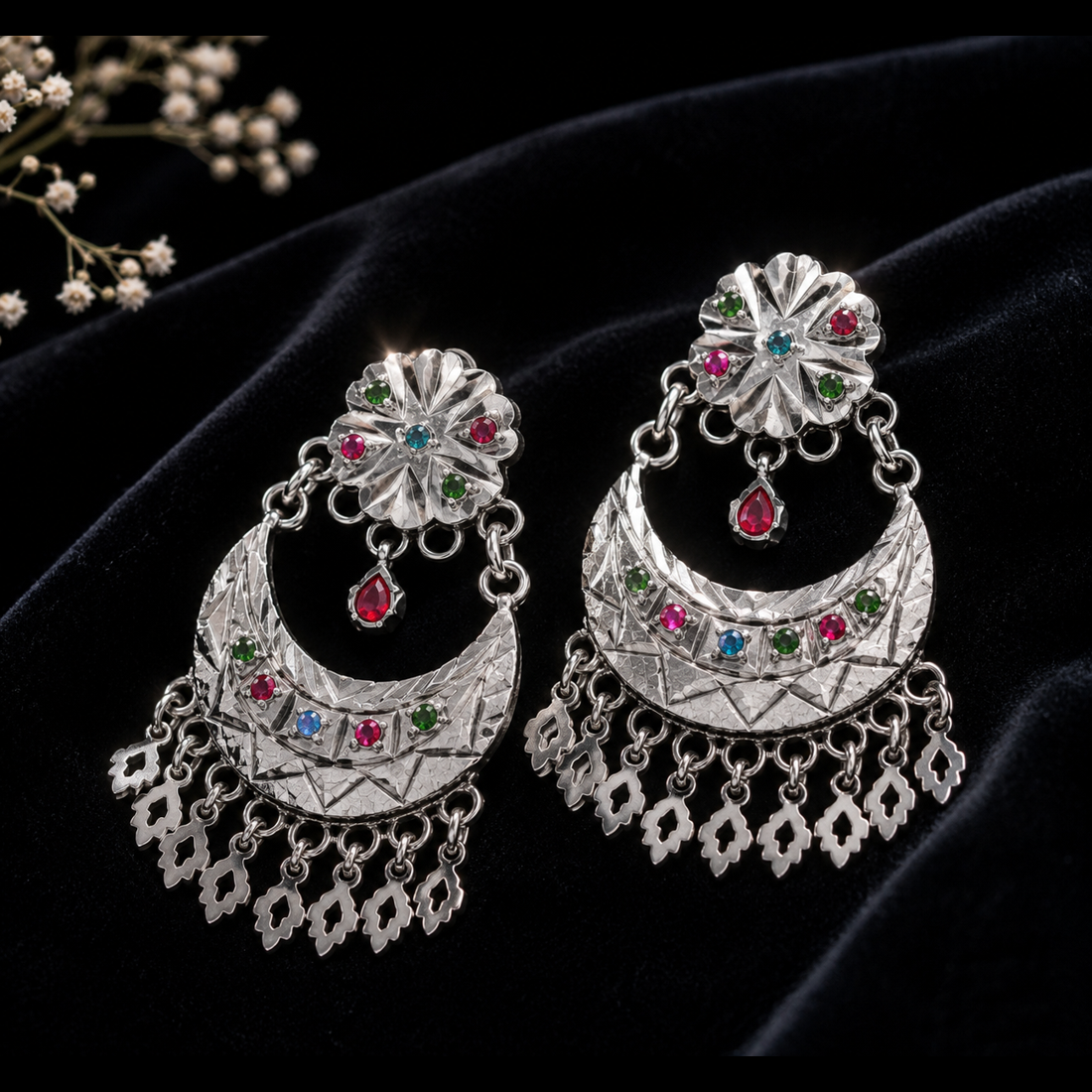 Luxury Oxidized Silver Boho Earrings with Multicolor Stones