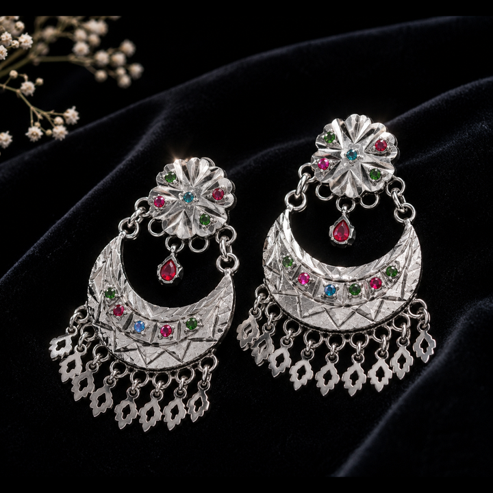 Luxury Oxidized Silver Boho Earrings with Multicolor Stones