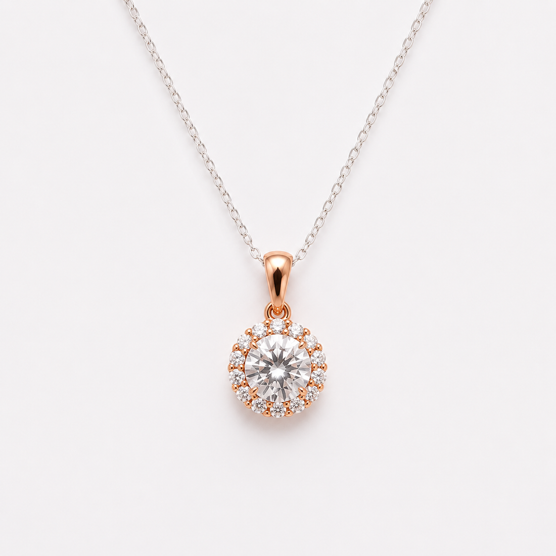 925 Sterling Silver Rose Gold Halo Solitaire Pendant Necklace for Women