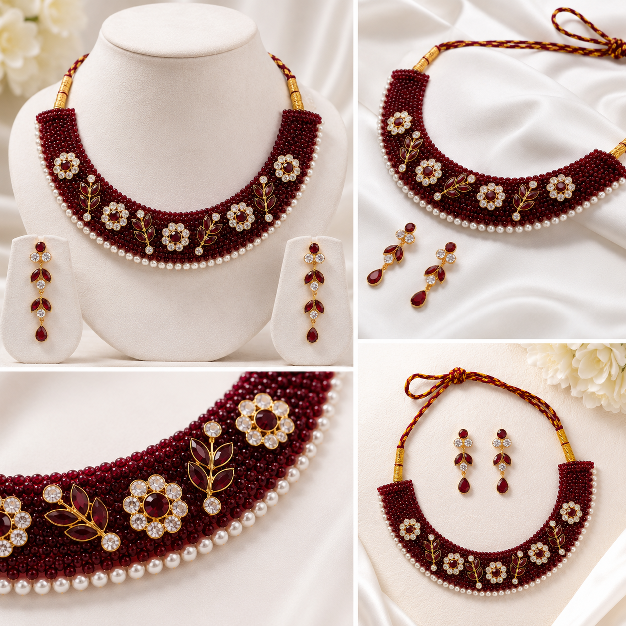 Chatai Necklace maroon floral /  Gold  Polish