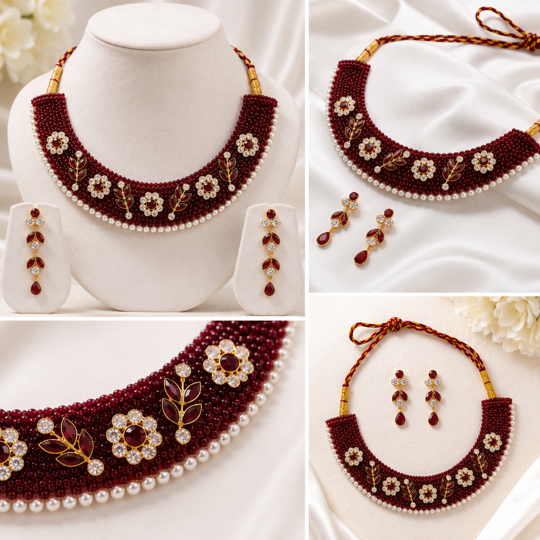 Chatai Necklace maroon floral /  Gold  Polish