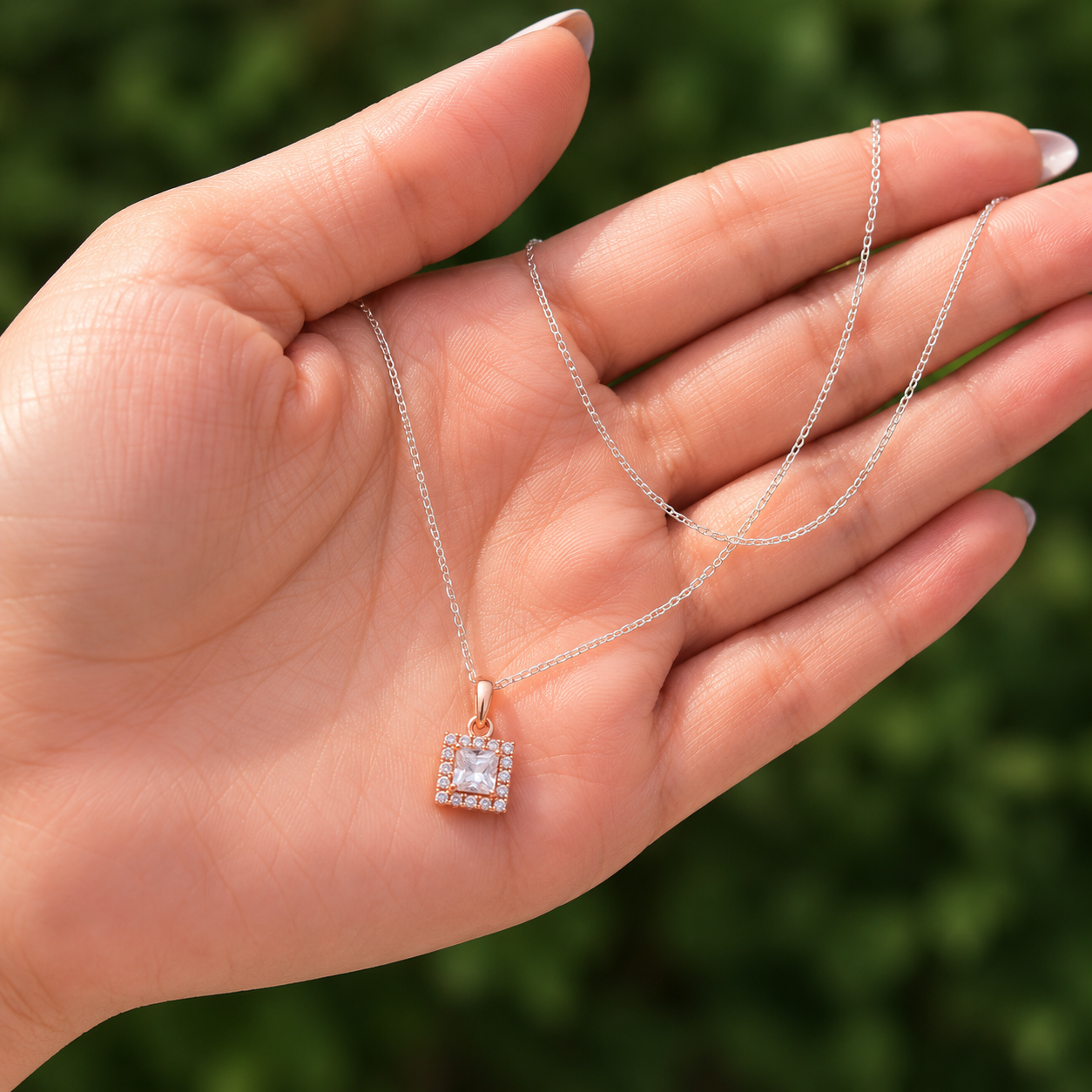 925 Sterling Silver Rose Gold Square Solitaire Pendant Necklace for Women