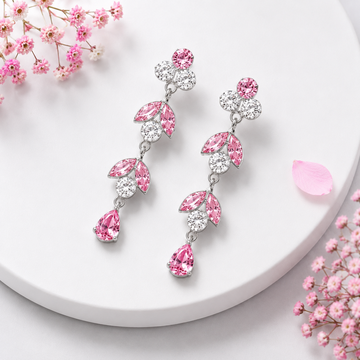 Elegant Pink Crystal Drop Earrings in Silver Finish