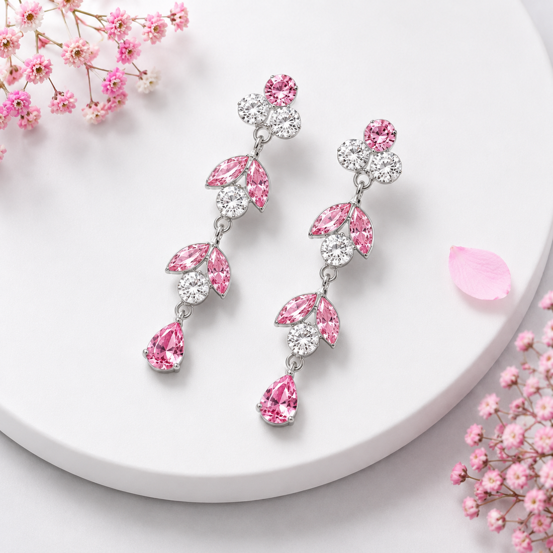 Elegant Pink Crystal Drop Earrings in Silver Finish