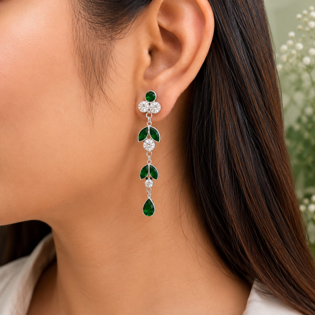 Elegant Emerald Green Crystal Drop Earrings in Silver Finish