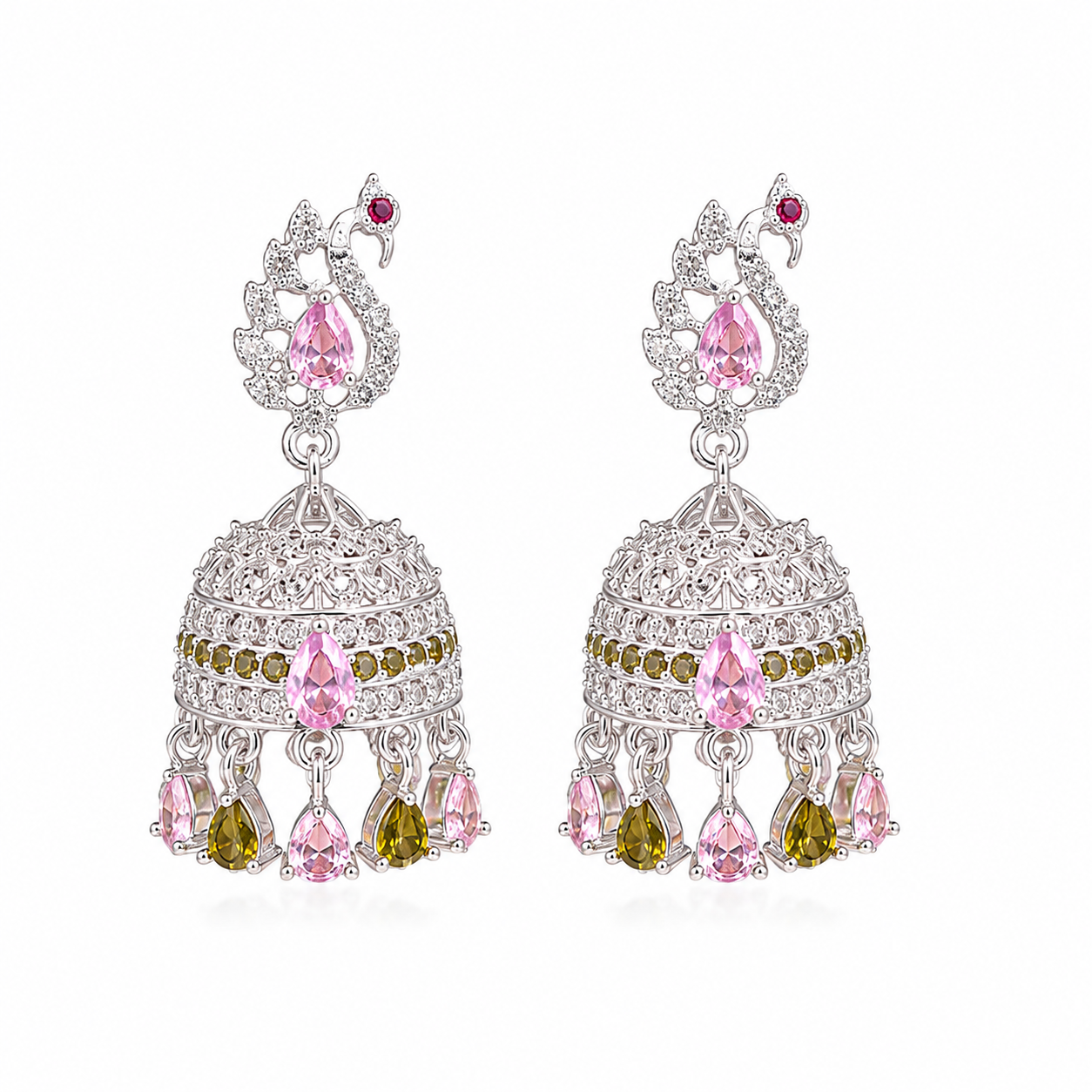 Elegant Silver Peacock Jhumka Earrings with Pink & Green Stones