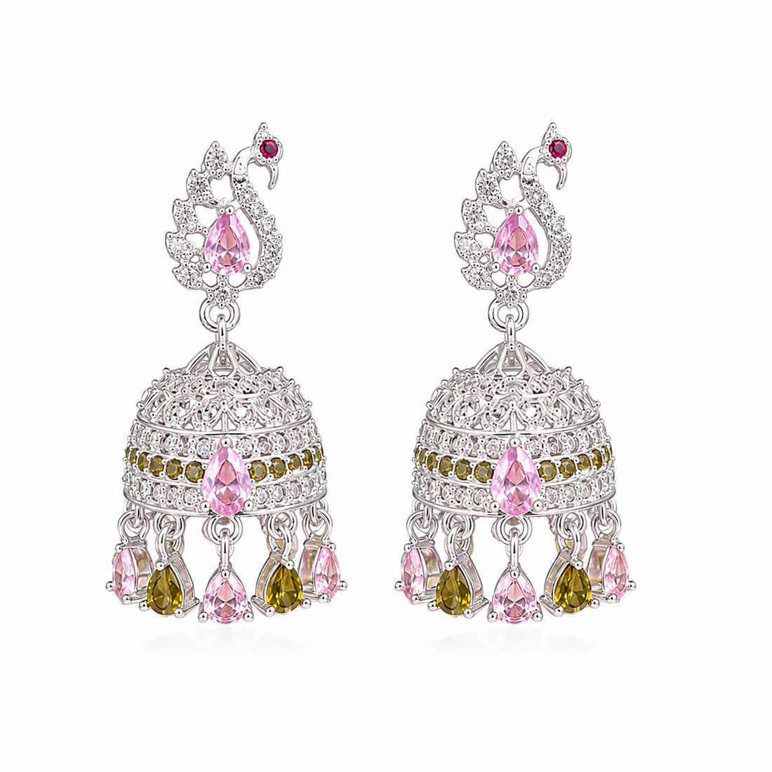 Elegant Silver Peacock Jhumka Earrings with Pink & Green Stones