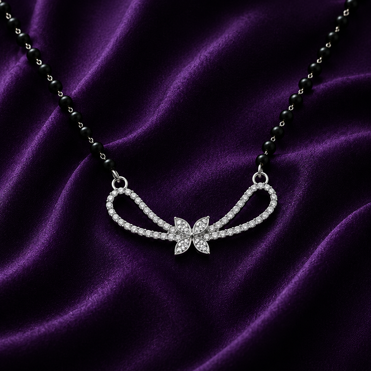 Silver Butterfly Infinity Mangalsutra with Black Beaded Chain