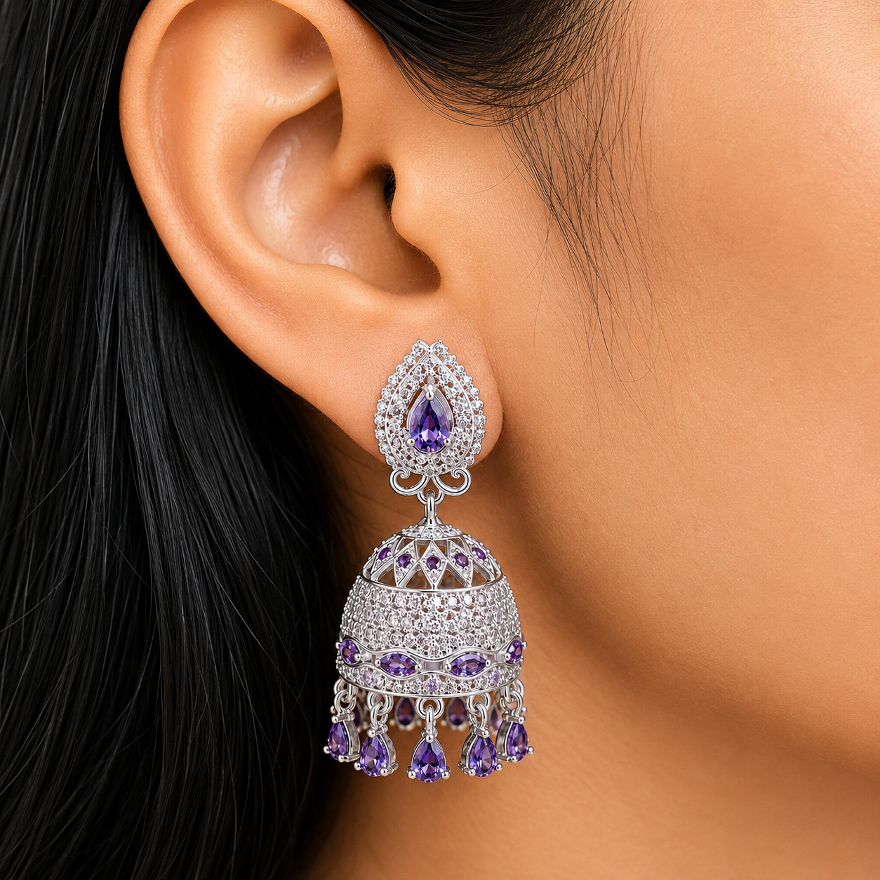 Luxury Silver Jhumka Earrings with Purple Stone Detailing