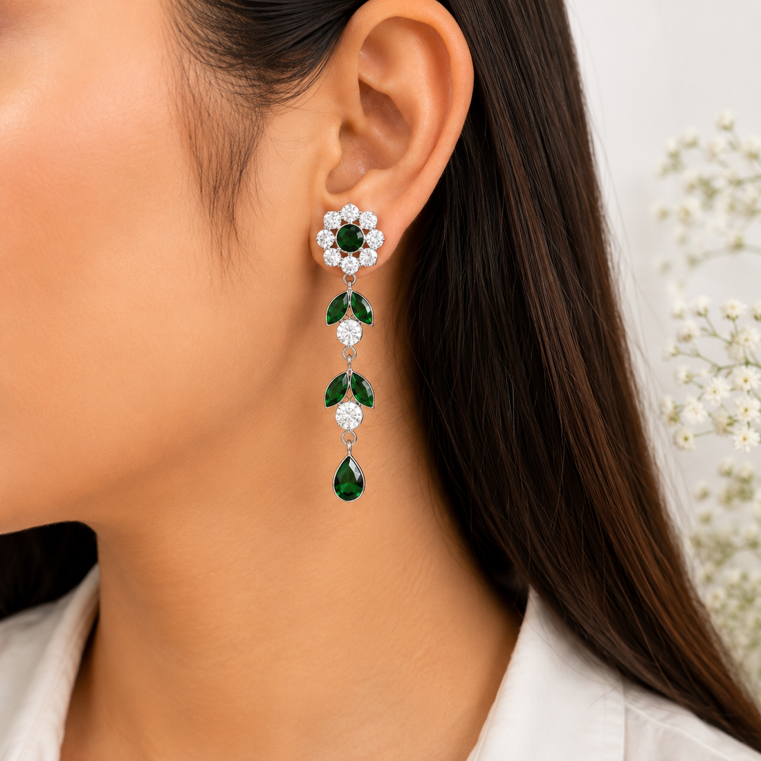 Elegant Emerald Green Floral Drop Earrings in Silver Finish