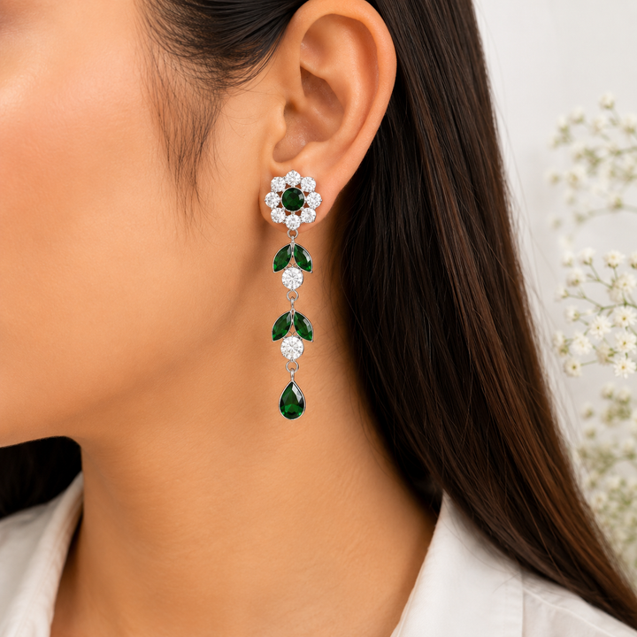 Elegant Emerald Green Floral Drop Earrings in Silver Finish
