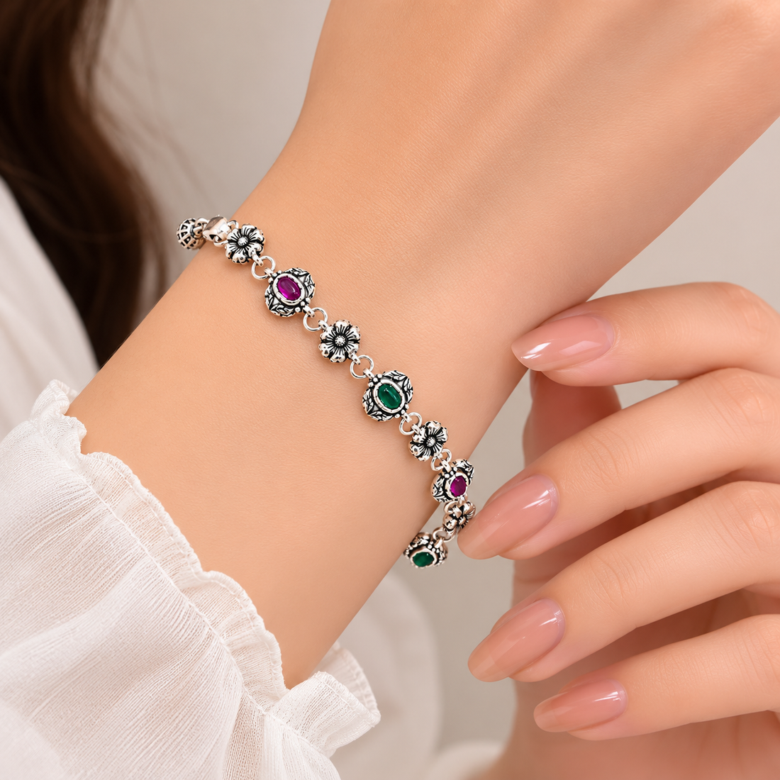 925 Sterling Silver Floral Gemstone Bracelet | Handmade Oxidized Silver Bracelet for Women