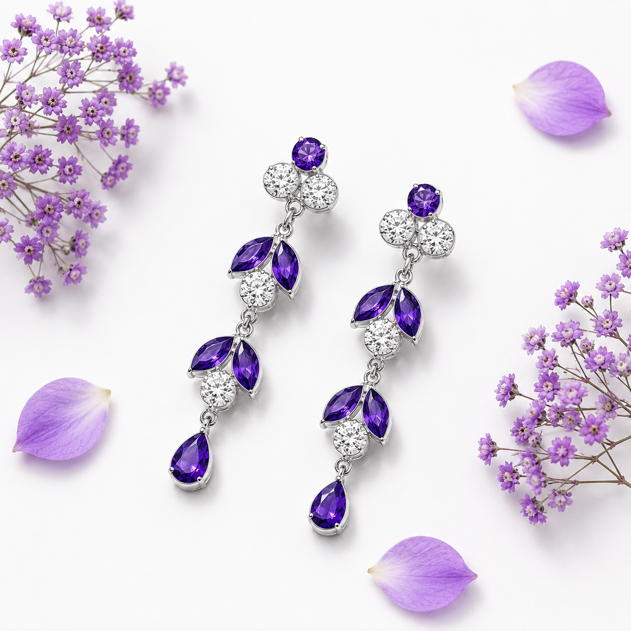 Elegant Purple Crystal Drop Earrings in Silver Finish
