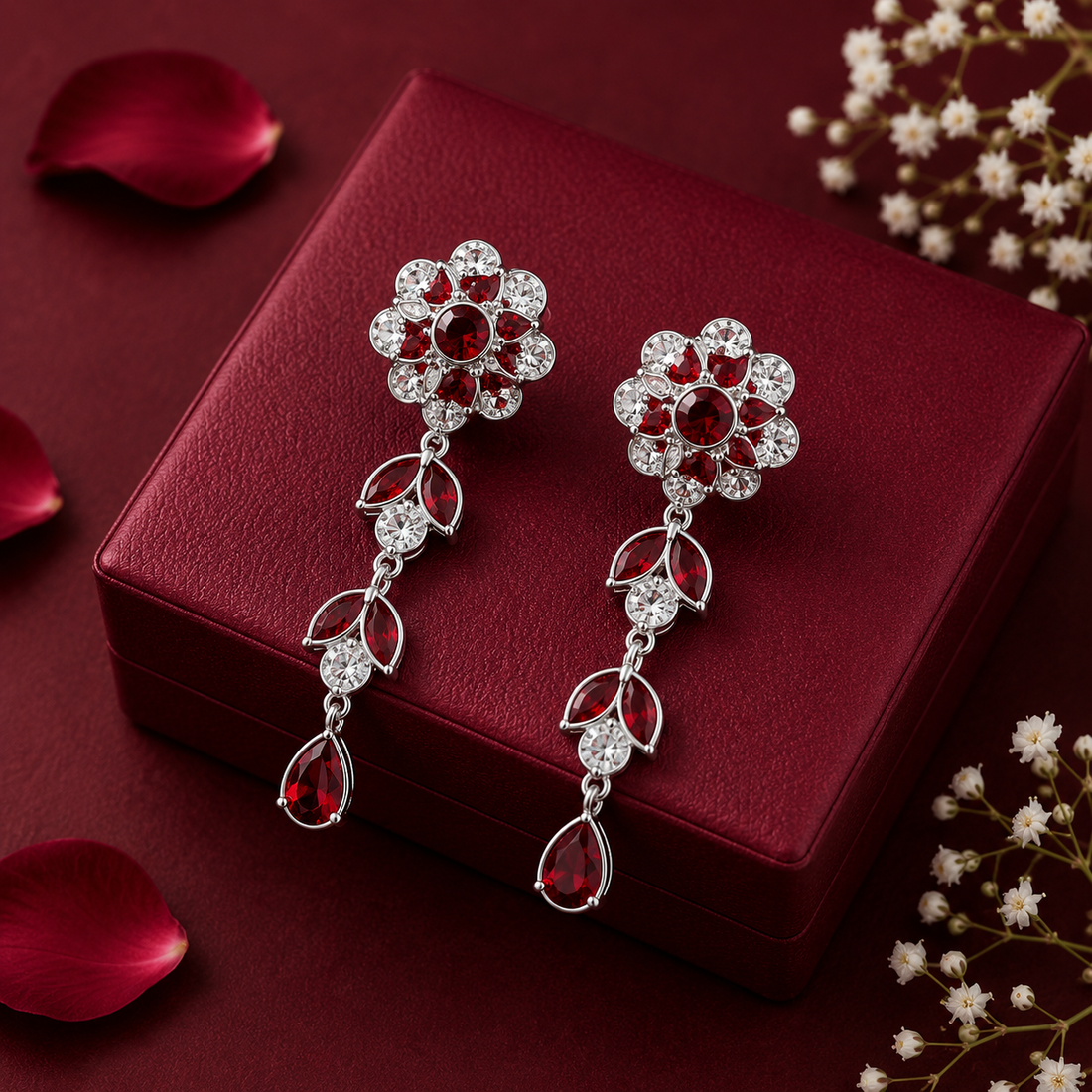 Elegant Ruby Red Floral Drop Earrings in Silver Finish