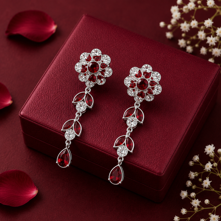 Elegant Ruby Red Floral Drop Earrings in Silver Finish