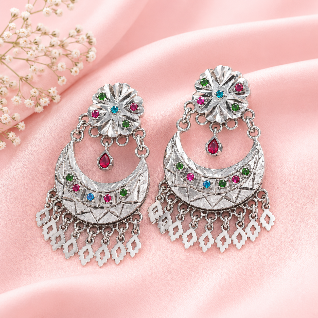 Luxury Oxidized Silver Boho Earrings with Multicolor Stones