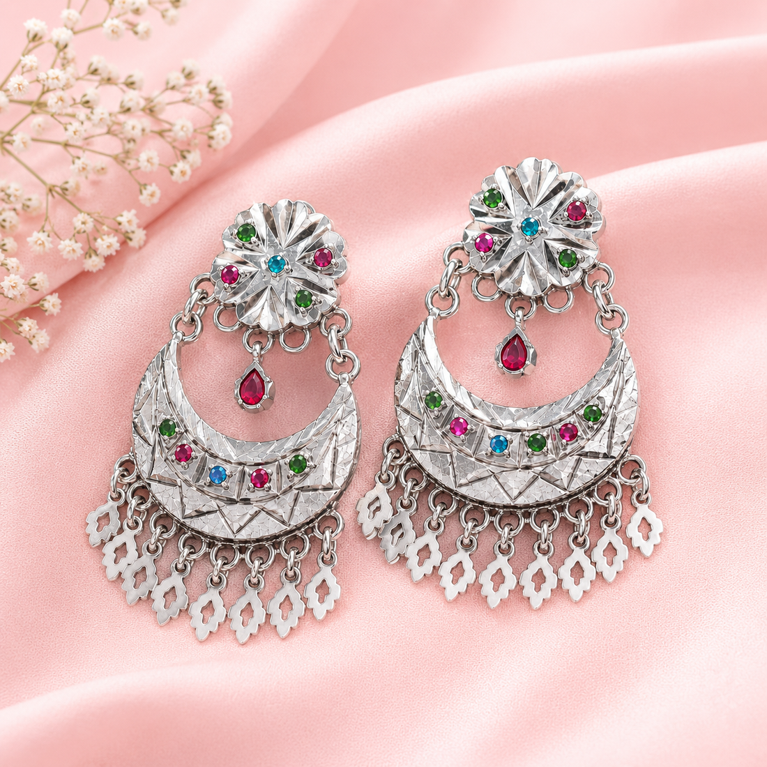 Luxury Oxidized Silver Boho Earrings with Multicolor Stones