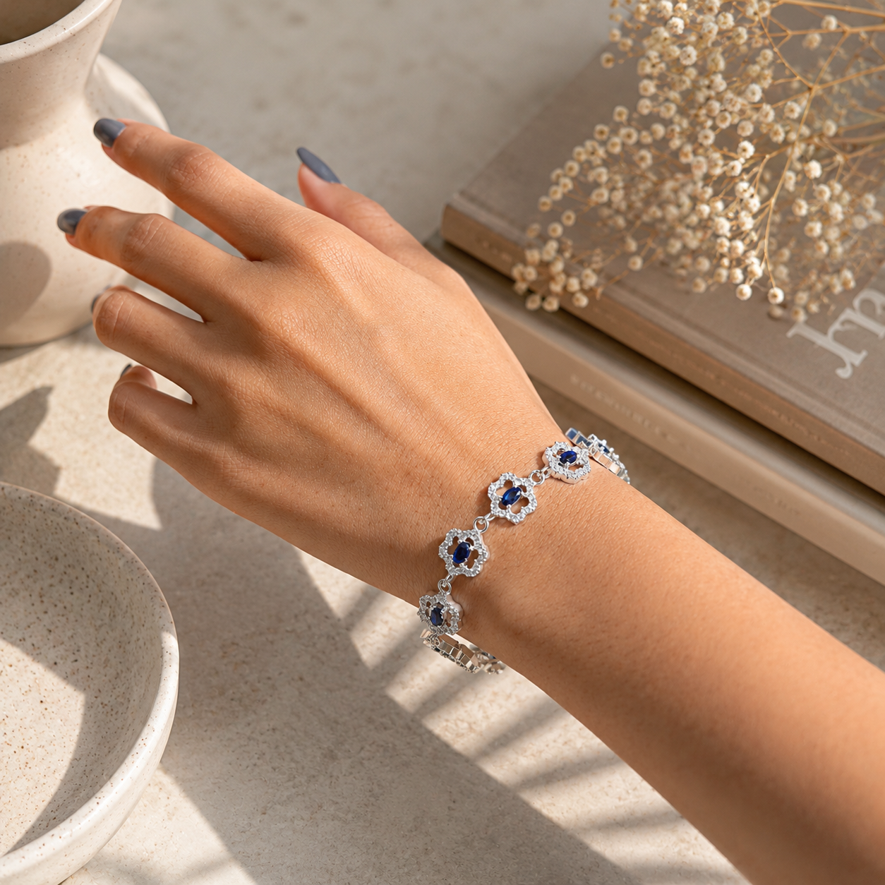 Luxury Silver Blue Sapphire Floral Bracelet for Women