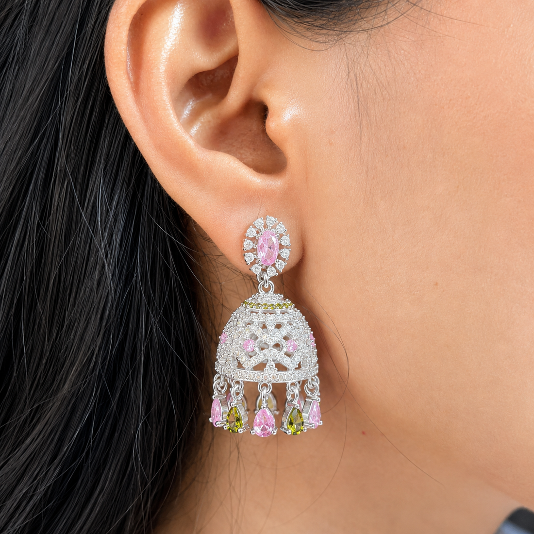 Elegant Silver Floral Jhumka Earrings with Pink Stone Accents
