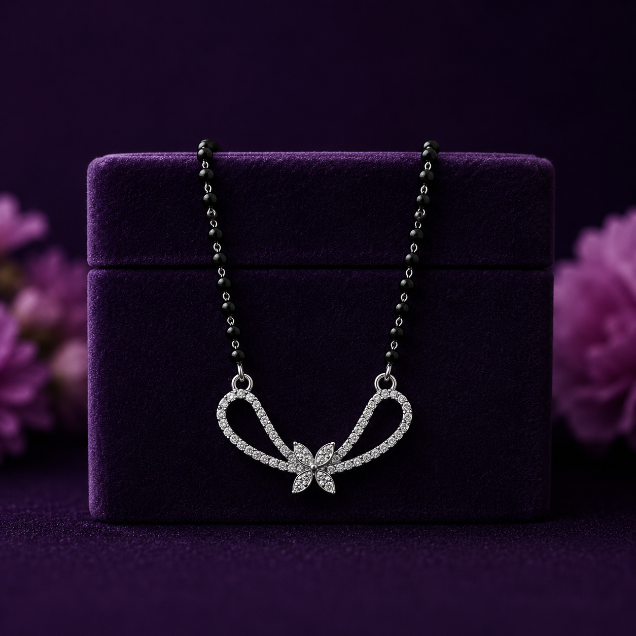 Silver Butterfly Infinity Mangalsutra with Black Beaded Chain