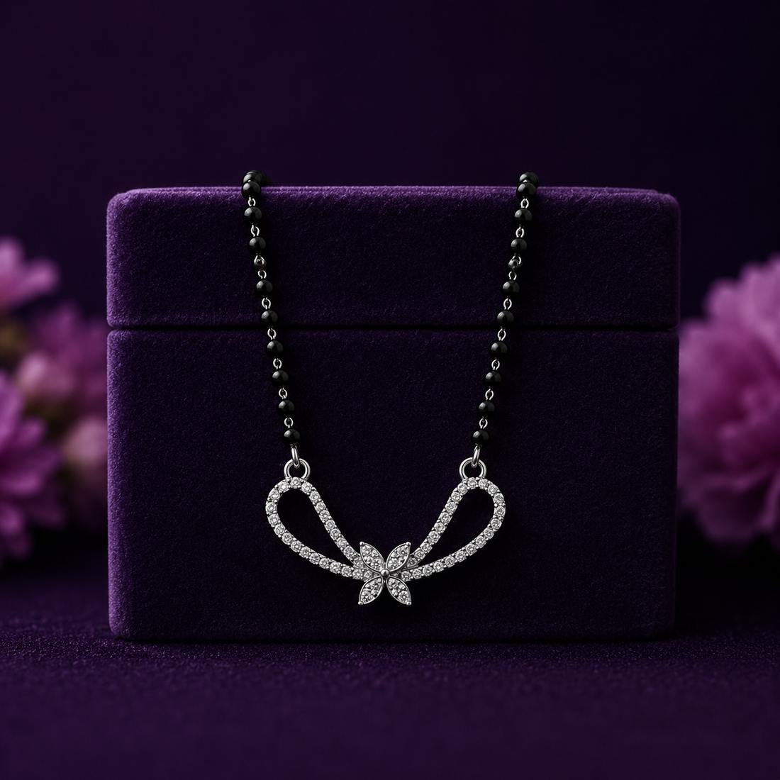 Silver Butterfly Infinity Mangalsutra with Black Beaded Chain