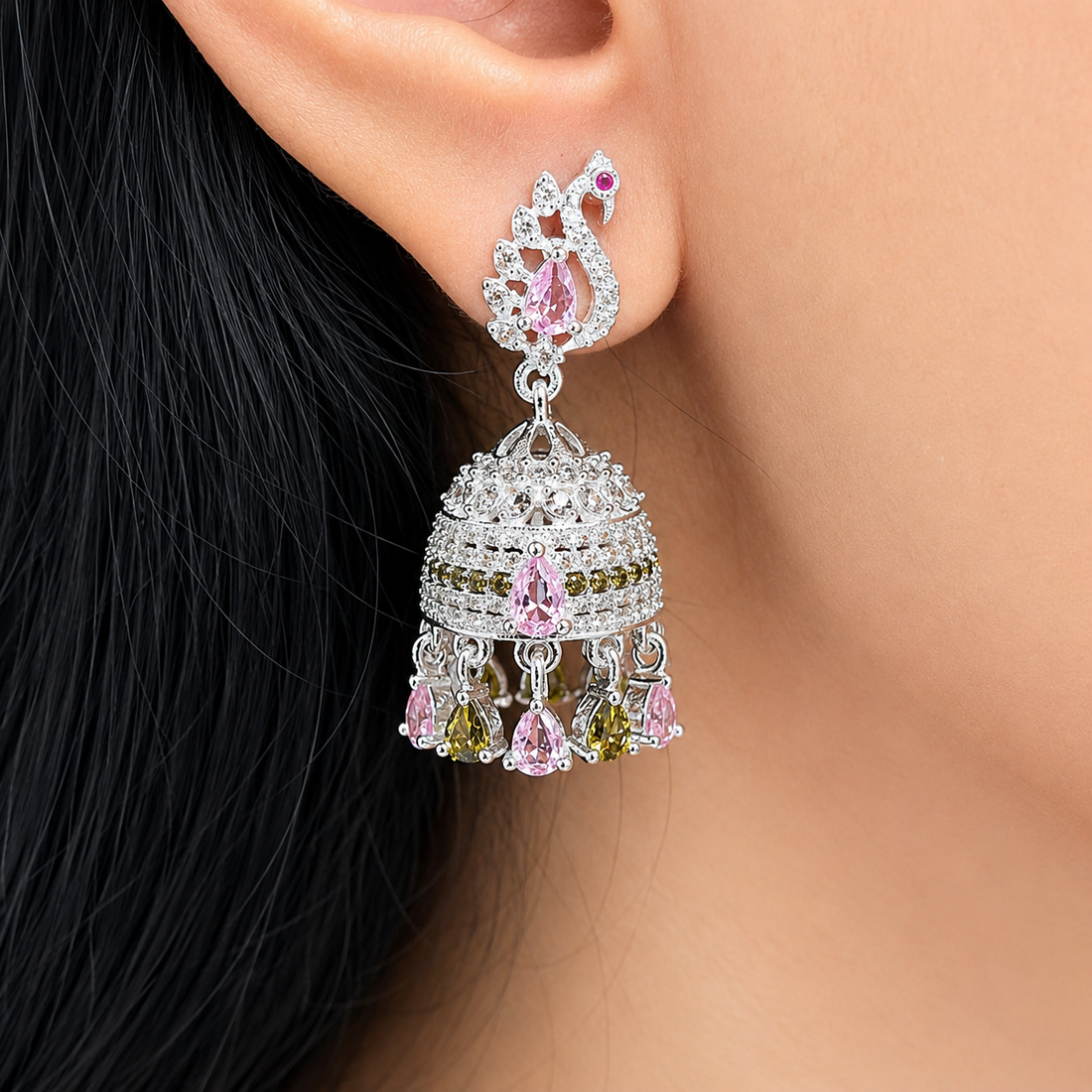 Elegant Silver Peacock Jhumka Earrings with Pink & Green Stones