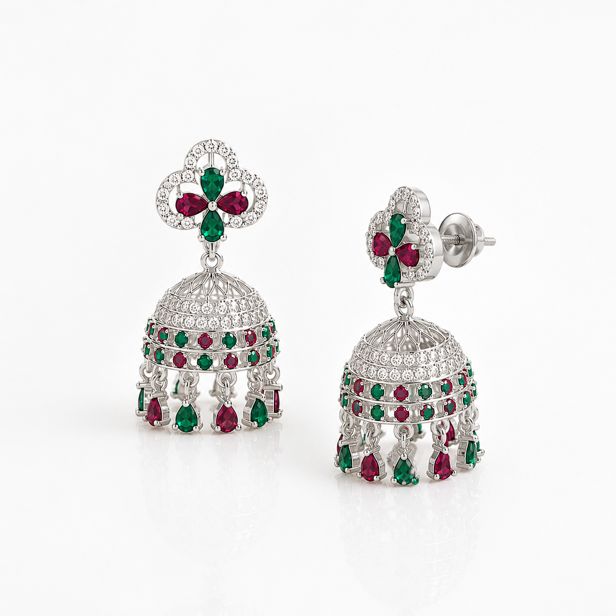 Elegant Silver Jhumka Earrings with Ruby & Emerald Stone Design