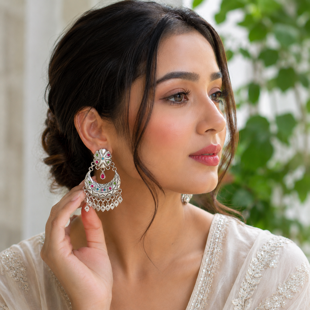 Luxury Oxidized Silver Boho Earrings with Multicolor Stones