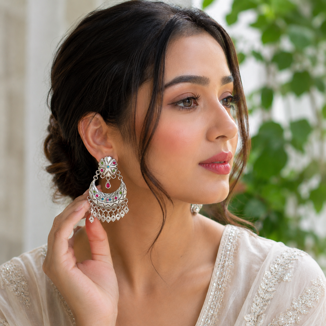 Luxury Oxidized Silver Boho Earrings with Multicolor Stones