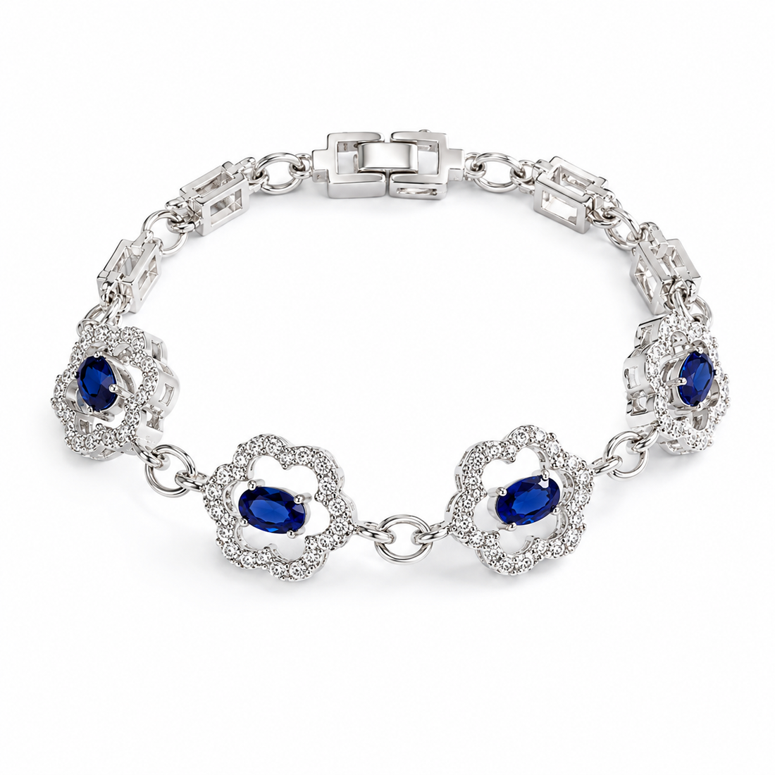 Luxury Silver Blue Sapphire Floral Bracelet for Women