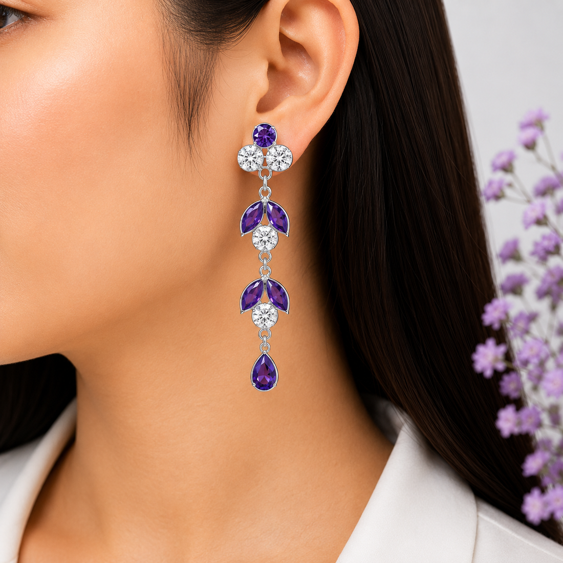Elegant Purple Crystal Drop Earrings in Silver Finish