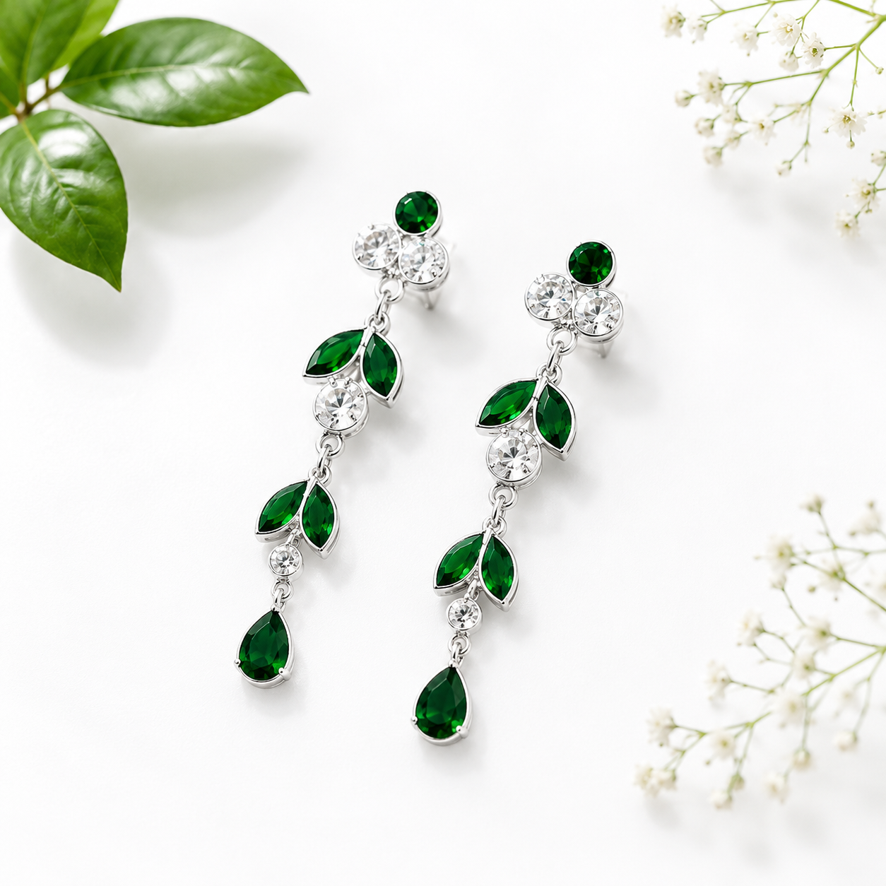 Elegant Emerald Green Crystal Drop Earrings in Silver Finish