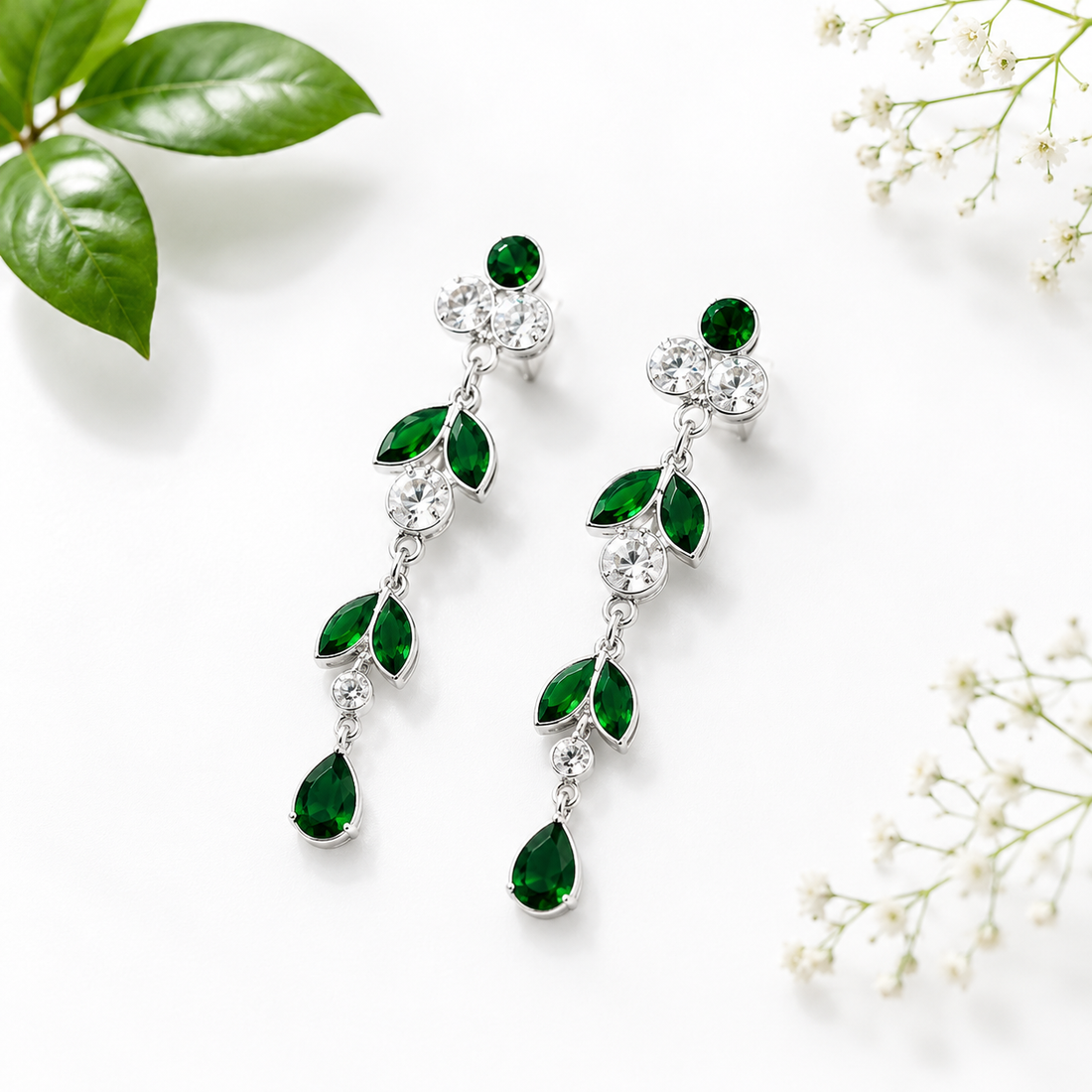 Elegant Emerald Green Crystal Drop Earrings in Silver Finish