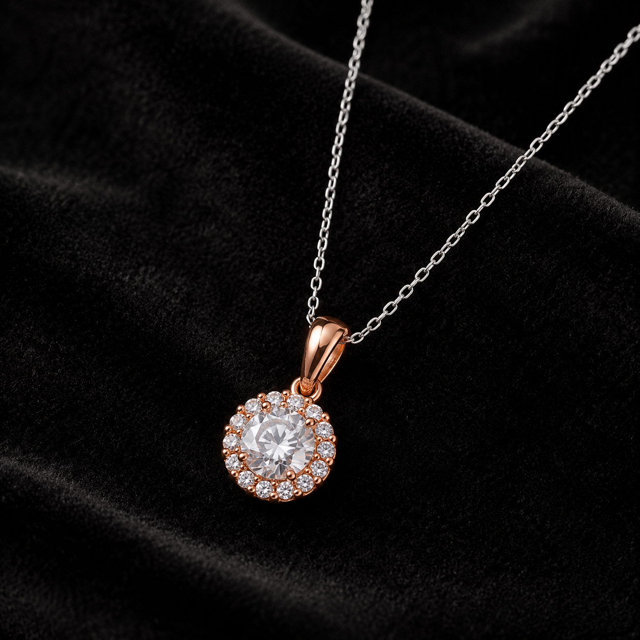 925 Sterling Silver Rose Gold Halo Solitaire Pendant Necklace for Women