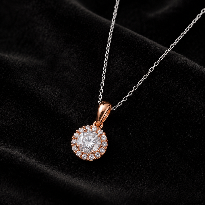 925 Sterling Silver Rose Gold Halo Solitaire Pendant Necklace for Women