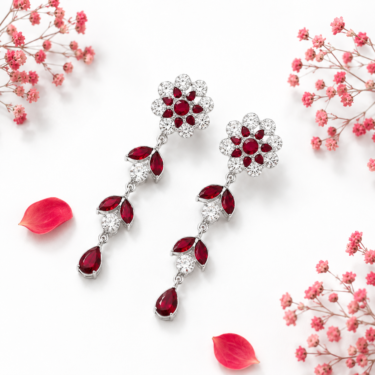 Elegant Ruby Red Floral Drop Earrings in Silver Finish