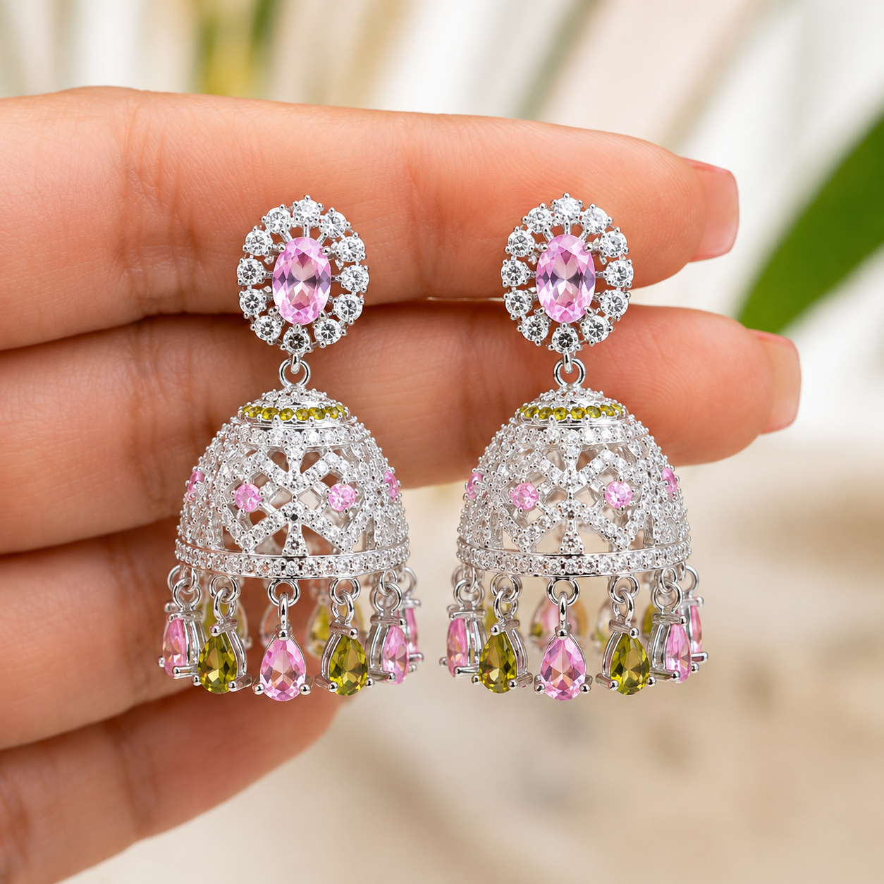 Elegant Silver Floral Jhumka Earrings with Pink Stone Accents