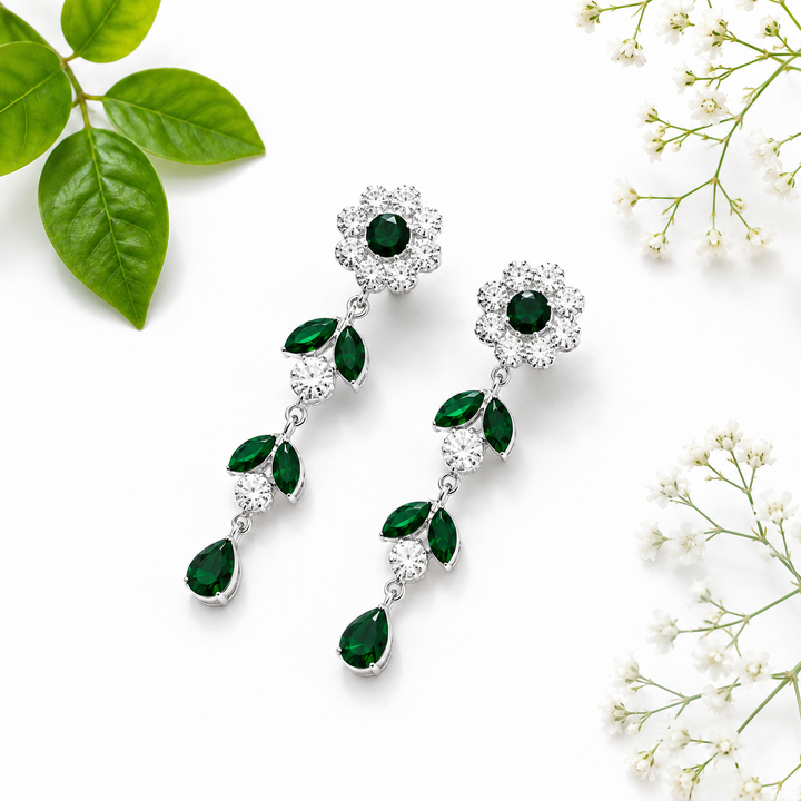 Elegant Emerald Green Floral Drop Earrings in Silver Finish